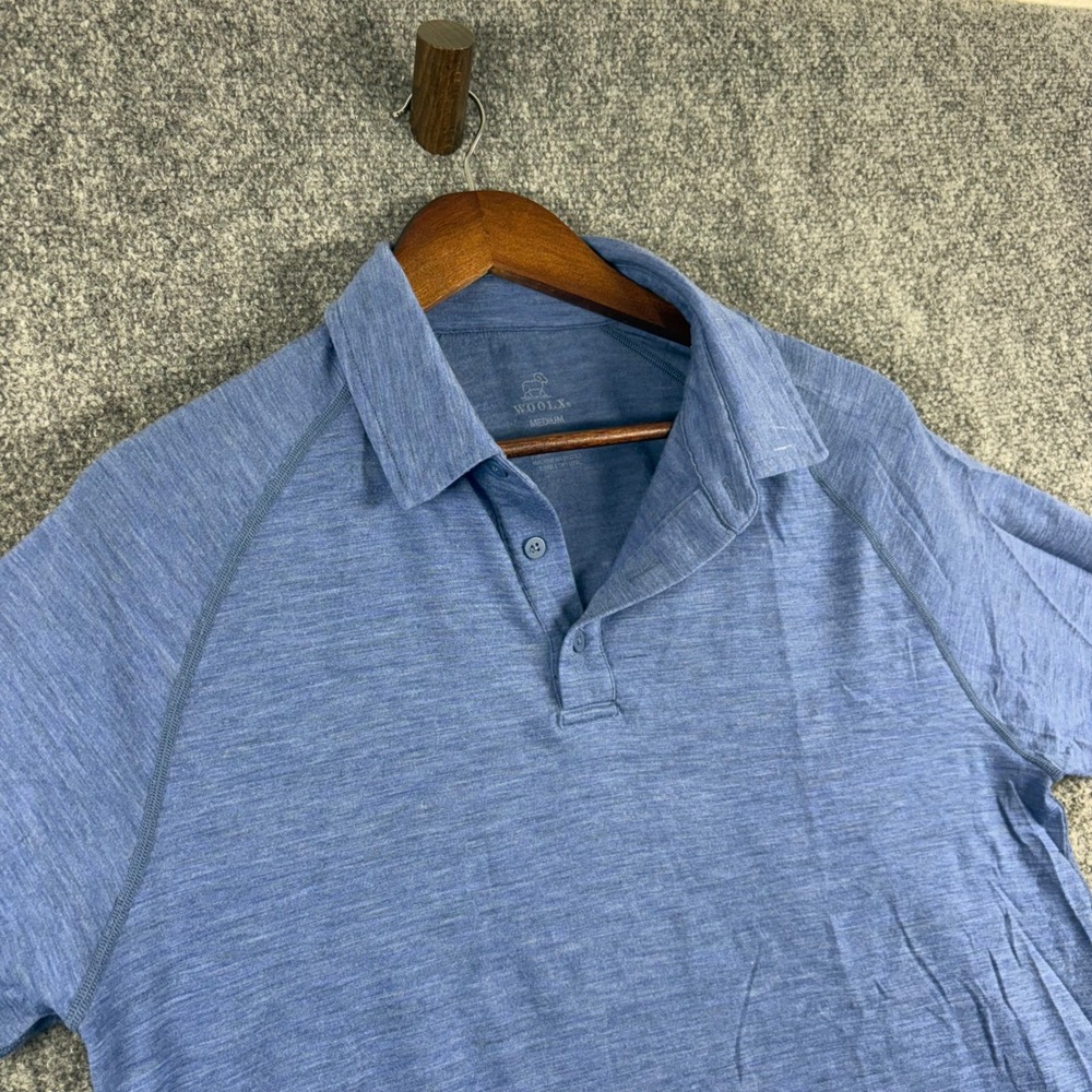 Woolx Merino Polo Shirt Mens Medium Blue Heather Short Sleeve Wool Blend Raglan